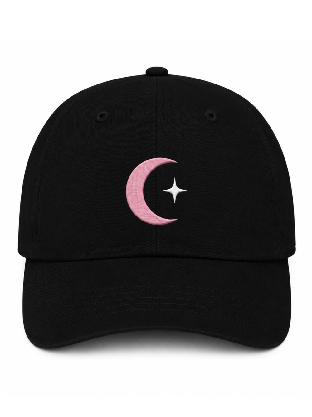 🌙💕Pink Moon Embroidered Black Baseball Cap Adjustable Unisex Celestial Aesthetic
